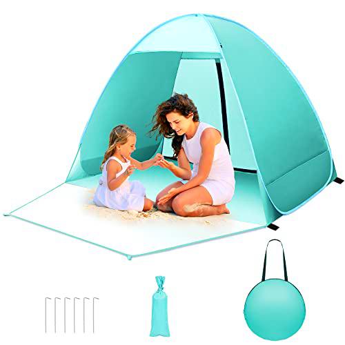 Tienda de Playa Pop Up, Protección UV 50+ Carpa de Playa 1-2 Personas Tienda de Campaña Portátil con Piso Extendido Delantero Puerta Trasera con Cremallera para Playa, Jardín