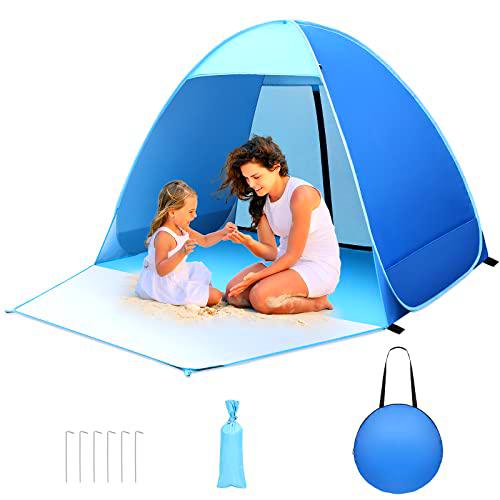 Tienda de Playa Pop Up, Protección UV 50+ Carpa de Playa 1-2 Personas Tienda de Campaña Portátil con Piso Extendido Delantero Puerta Trasera con Cremallera para Playa, Jardín